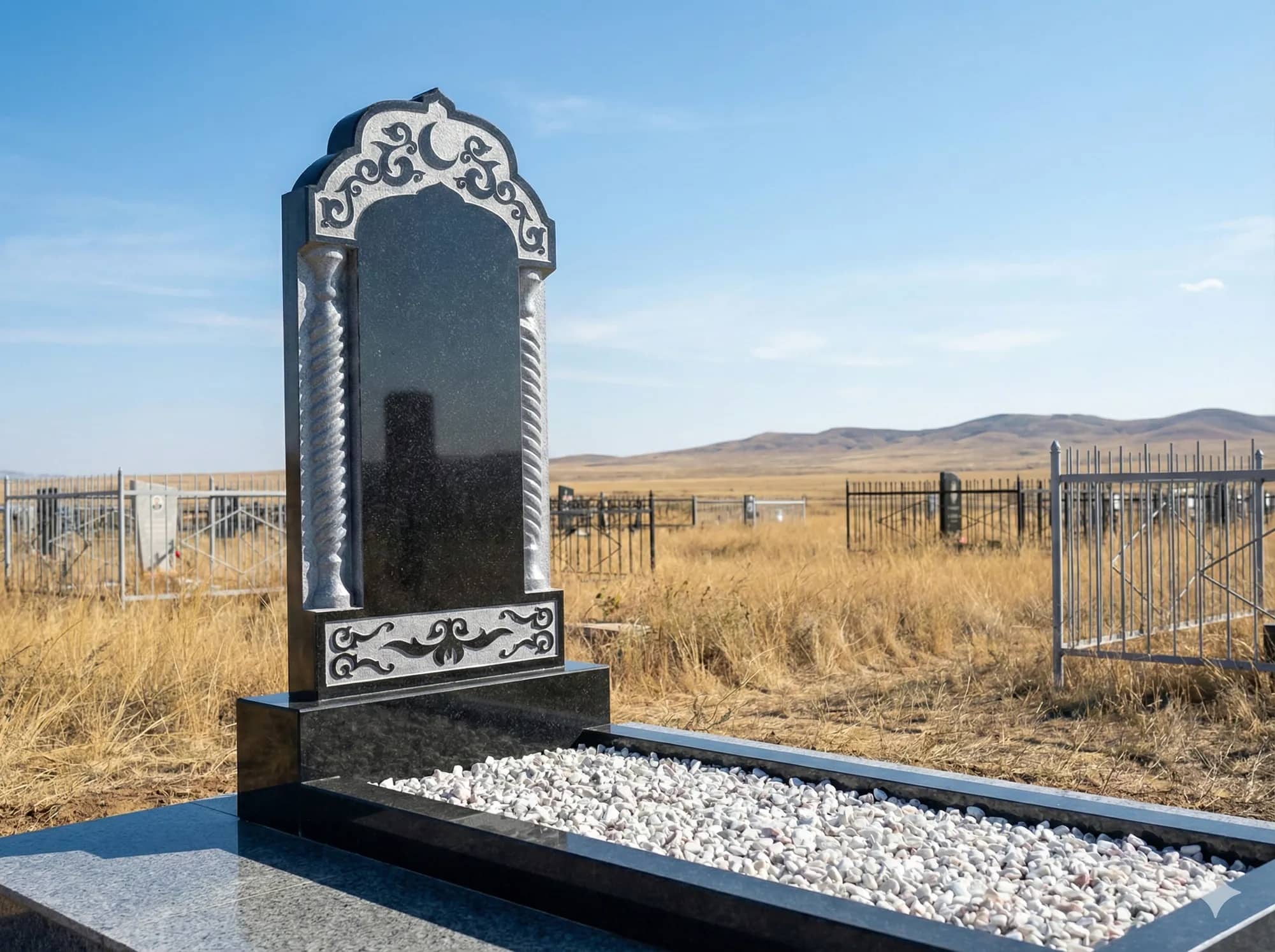 Элитный мусульманский памятник из гранита с полумесяцем и гравировкой сур на кладбище в Алматы