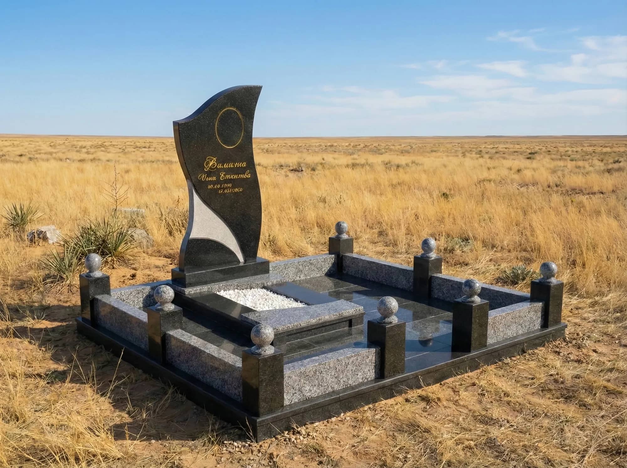 Элитный мемориальный комплекс из черного гранита габбро с колоннами, аркой и гранитным цоколем в Алматы