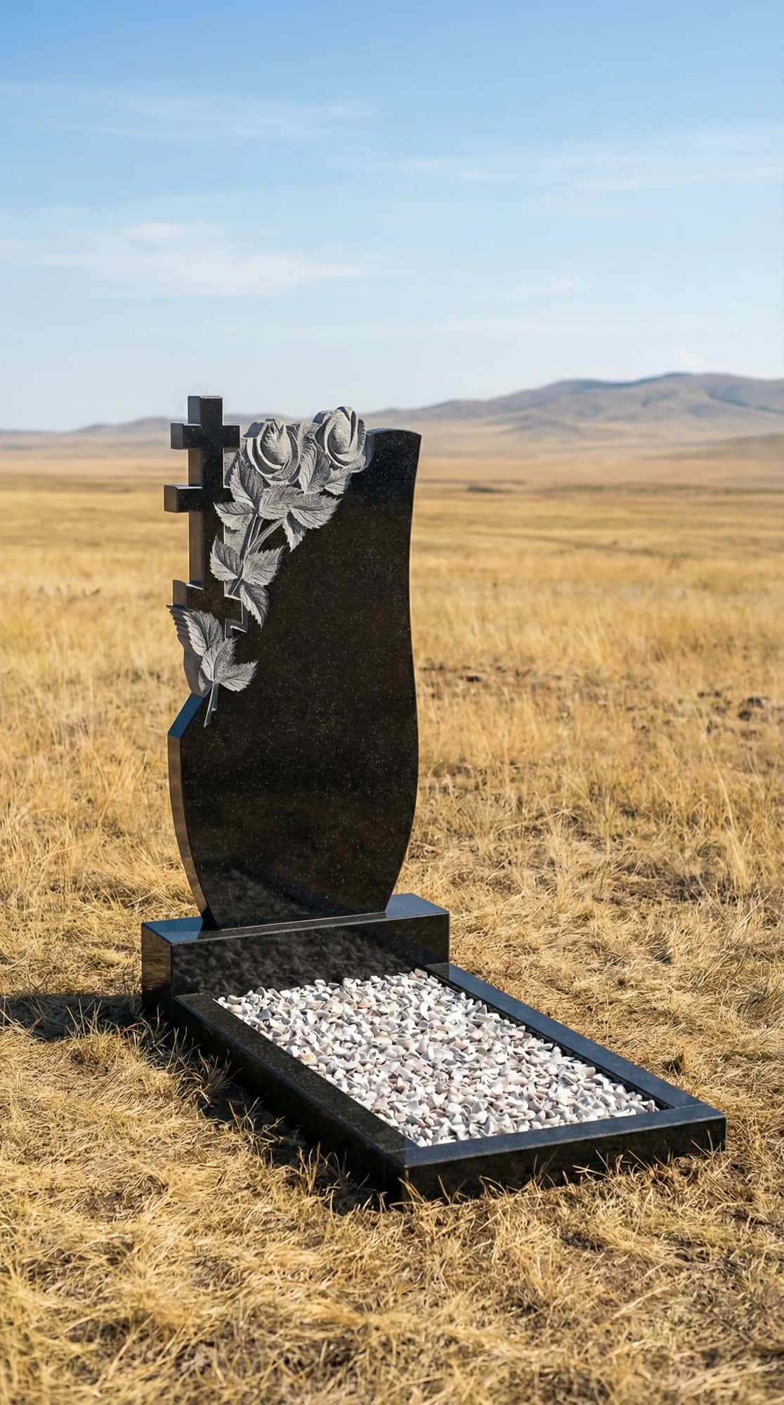 Резной гранитный памятник с деревом и православным крестом