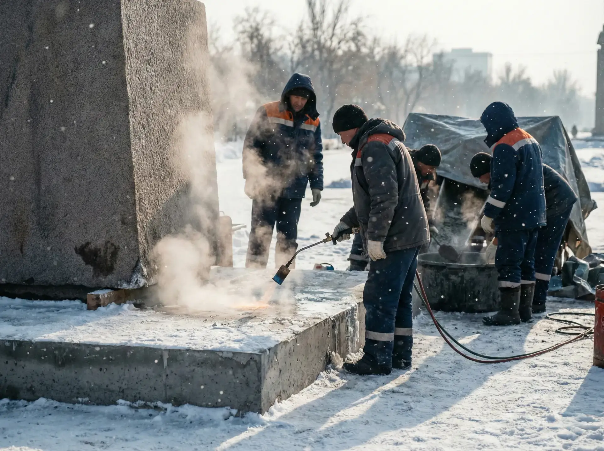 Монтаж памятника зимой